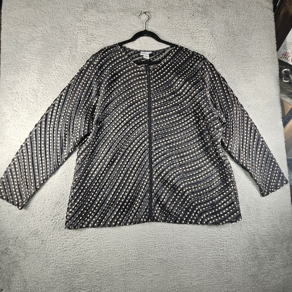Catherines Zip Front Top Womens 2X Black Sheer Striped Polkadot Artsy Boho Beach